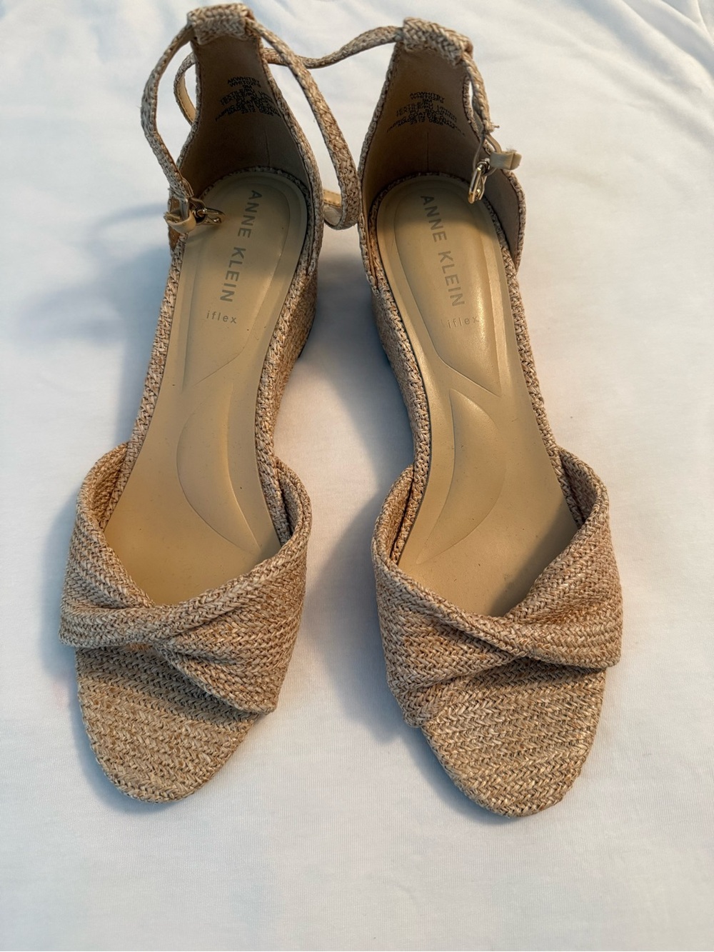 Anne Klein Beige Woven Ankle-Strap Wedge Sandals